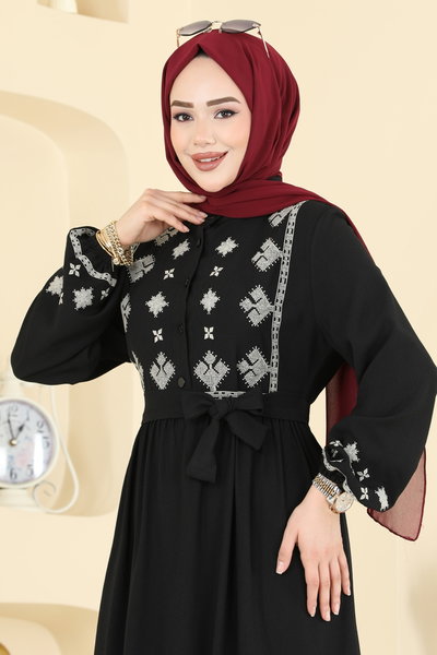 A.S.N. - Nakış Detaylı Krep Elbise 317ASN888-MS Siyah - 429011