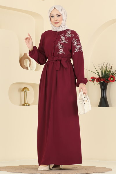 A.S.N. - Nakış Detaylı Krep Elbise 550ASN888-MS Bordo - 425613