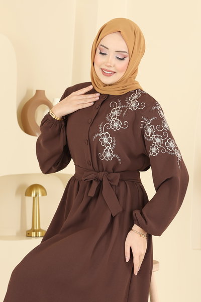 A.S.N. - Nakış Detaylı Krep Elbise 550ASN888-MS Kahve - 425653