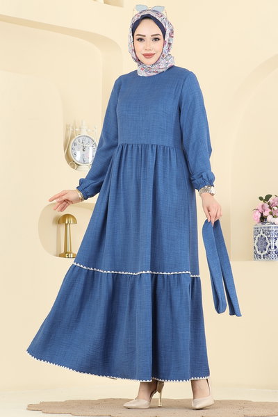 H.B.S. - Nakış Detaylı Sofia Elbise 3253HBS856-MS İndigo - 425496