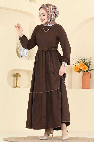 H.B.S. - Nakış Detaylı Sofia Elbise 3253HBS856-MS Koyu Kahve - 425394