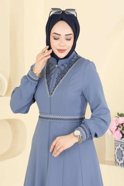 S.L. - Nakış Detaylı Tesettür Ferace 2801SL432-MS Mavi - 425340