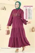 Nakış İşlemeli Tesettür Elbise 23010UKB139-MS Koyu Gül Kurusu - Thumbnail