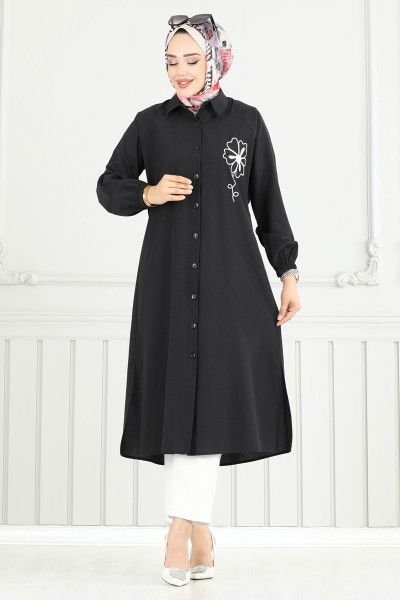 P.R.M. - Nakış İşlemeli Tesettür Tunik 4095PM271-MS Siyah