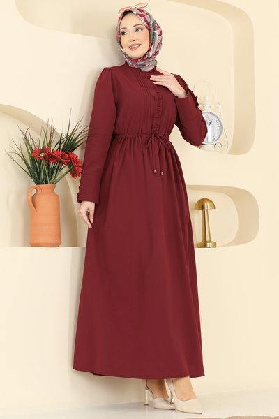 K.T.R. - Nervür Detaylı Bağcıklı Elbise 3079KTR750-MS Bordo - 428548