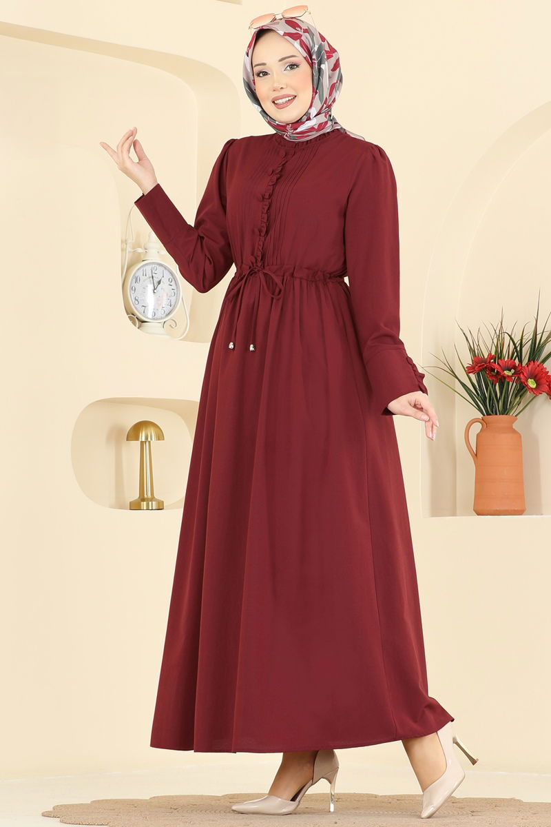 Nervür Detaylı Bağcıklı Elbise 3079KTR750-MS Bordo