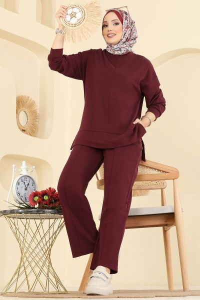 U.Z. - Nervür Detaylı Modal Takım 8010UZ662-MS Bordo