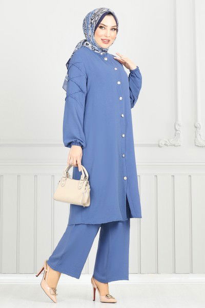 D.V.L. - Nervür Detaylı Tesettür Takım 356DVL817-MS İndigo