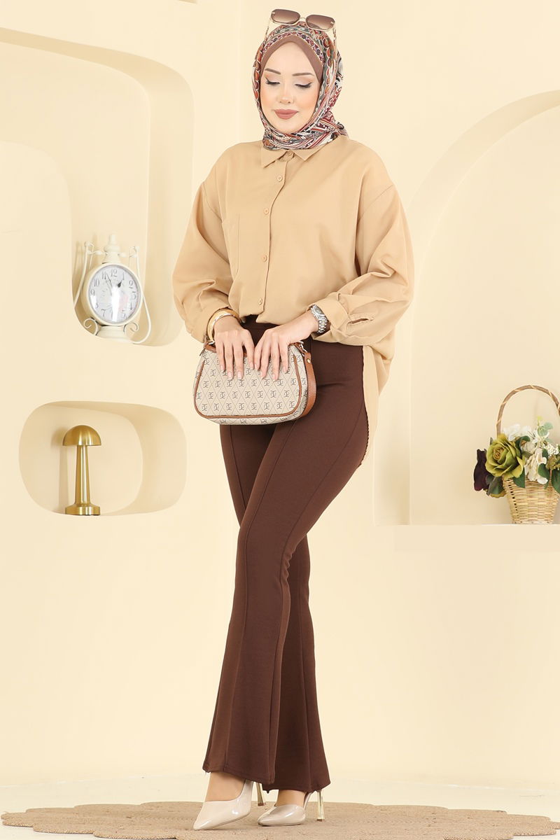 Nervür Dikişli Krep Pantolon 1106BRZ597-MS Kahve