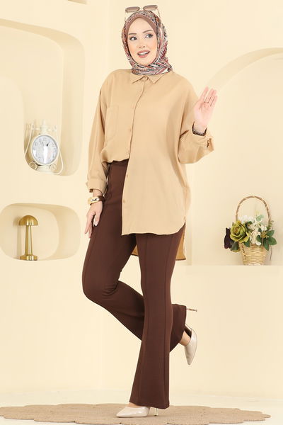 B.R.Z - Nervür Dikişli Krep Pantolon 1106BRZ597-MS Kahve - 421631