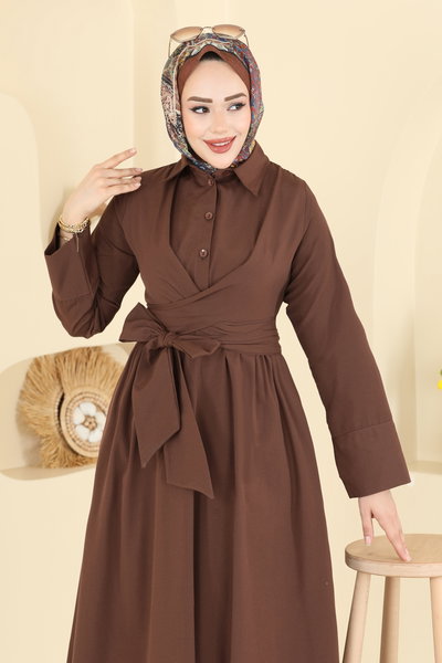 A.R.T. - Önden Bağlamalı Terikoton Elbise 202ART1138-MS Kahve - 425410