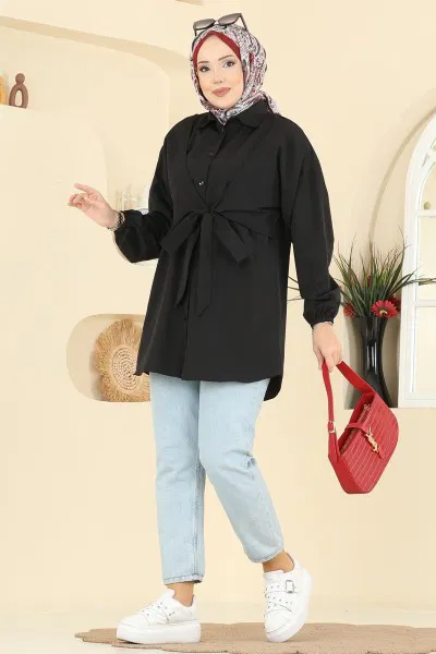 A.S.N. - Önden Bağlamalı Terikoton Gömlek 316ASN888-MS Siyah