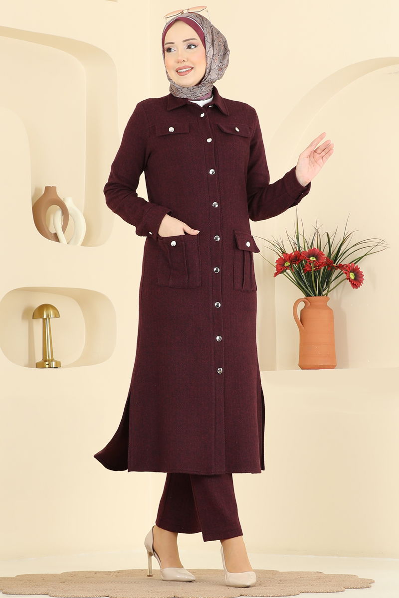 Önden Düğmeli Balıksırtı Takım 24022UKB139-MS Bordo