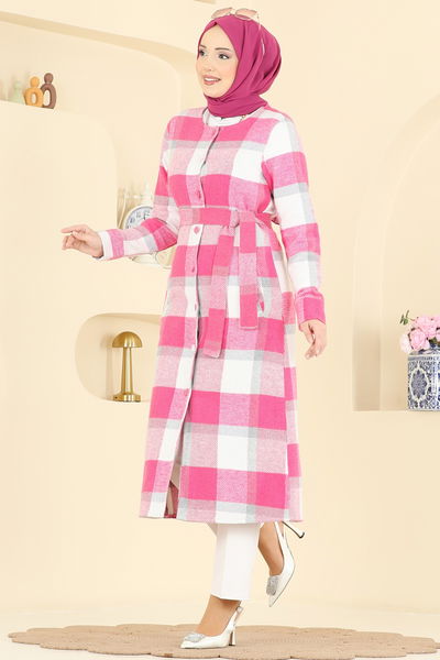 U.K.B.K. - Önden Düğmeli Ekose Kap 24088UKBK1160-MS Fuşya - 428848