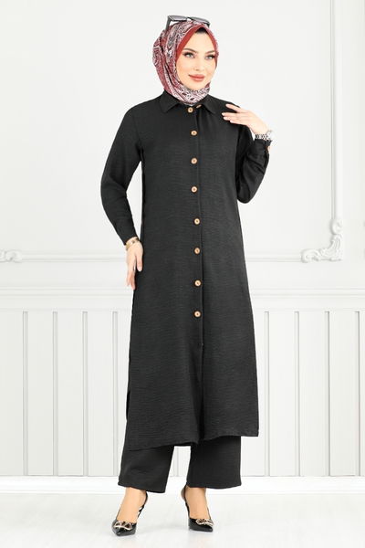 MRV O.Z.R. - Önden Düğmeli Keten Takım 833OZR1047-M Siyah - 353906