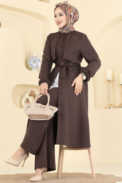 A.S.N. - Önden Düğmeli Modal Takım 322ASN888-MS Acı Kahve