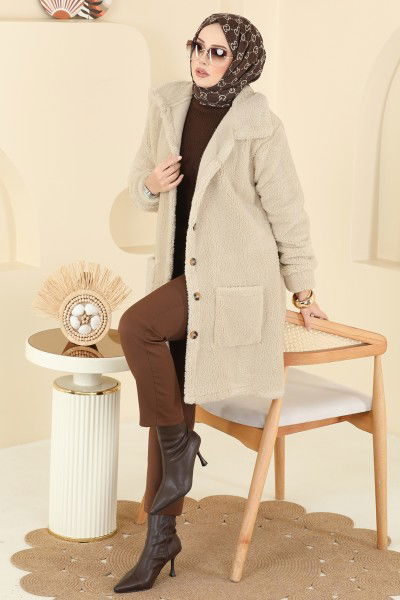 T.E.G. - Önden Düğmeli Peluş Kap 6053TEG847-MS Taş