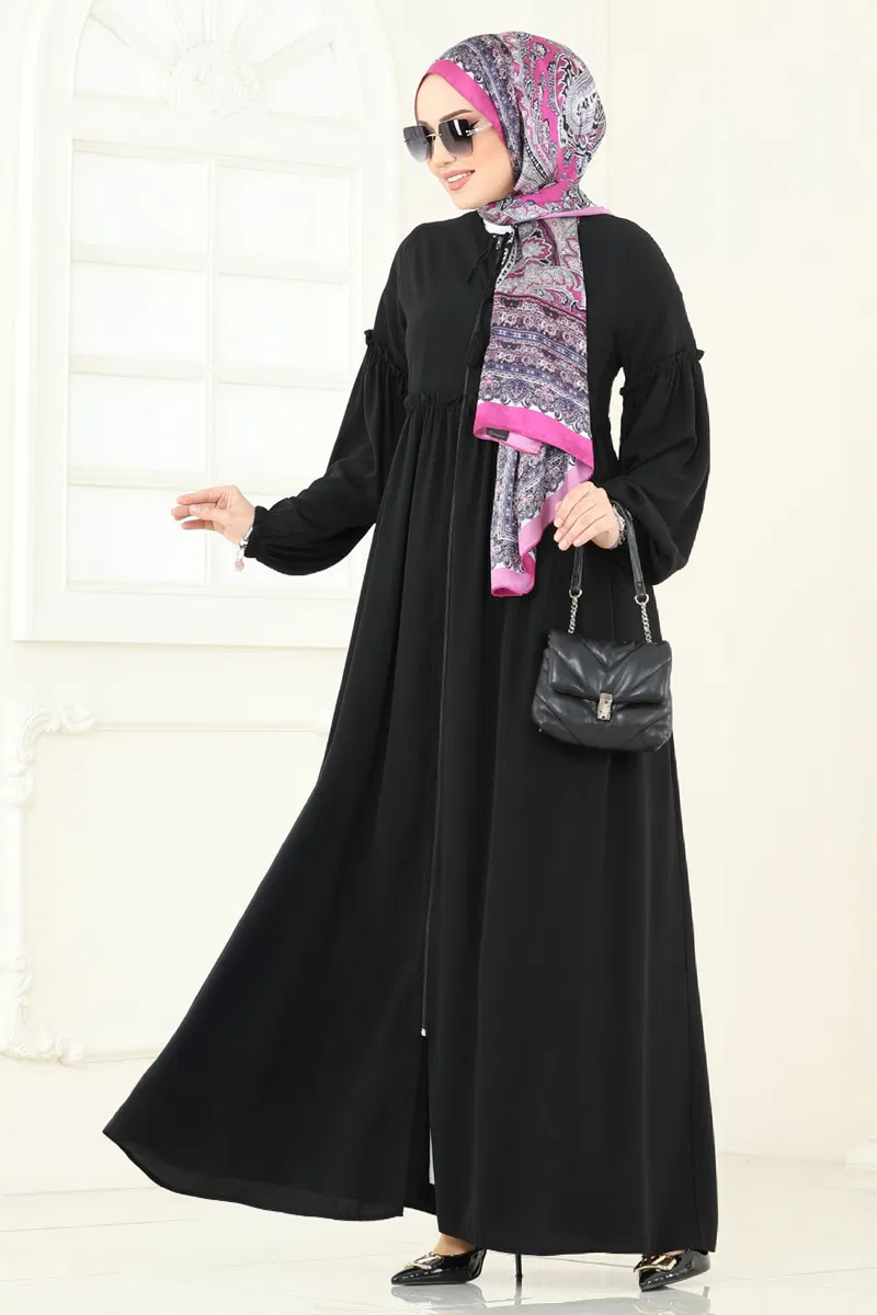 Önden Fermuarlı Medine İpeği Ferace 2638SL432-MS Siyah