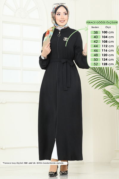 P.L. - Önden Fermuarlı Pardesü Ferace PL9153-MS Siyah - 362472