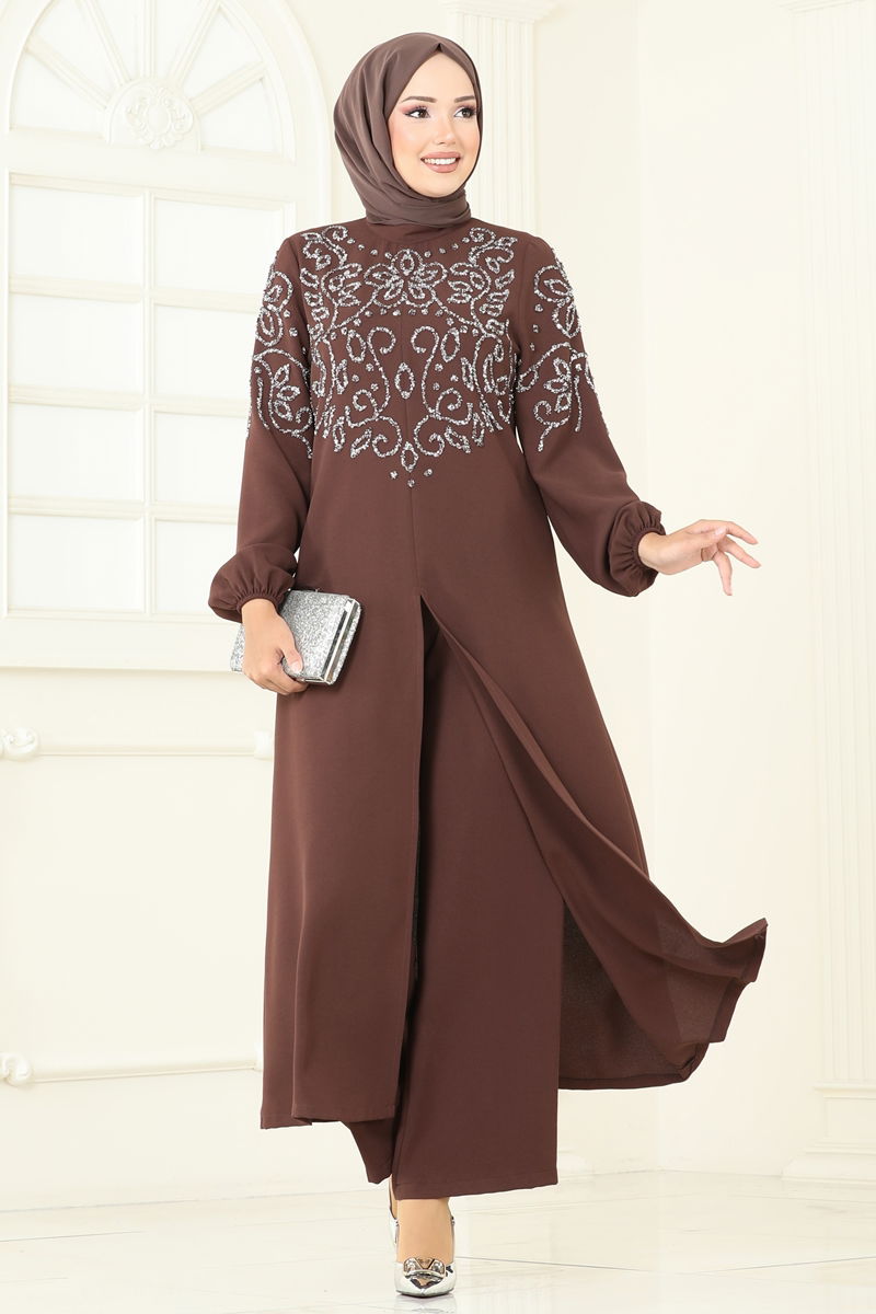 Önden Yırtmaçlı Şık Takım 8062ABK1075-MS Kahve