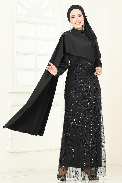 E.D.F. - Önü Drape Detaylı Abiye 5700EDF311-MS Siyah - 385820