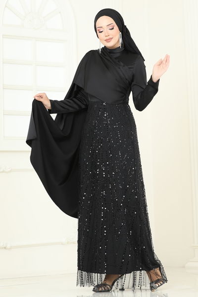 E.D.F. - Önü Drape Detaylı Abiye 5700EDF311-MS Siyah - 385821