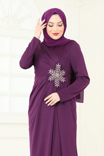 A.S.M.K. - Önü Drapeli Abiye Elbise 2792ASMK1074-MS Mürdüm - 400264