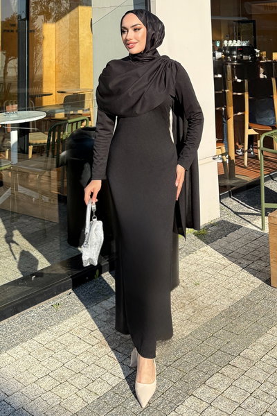 A.L.G.K. - Önü Drapeli Örme Krep Elbise 4680ALGK1170-MS Siyah - 419054