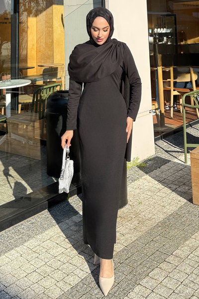 A.L.G.K. - Önü Drapeli Örme Krep Elbise 4680ALGK1170-MS Siyah - 419055