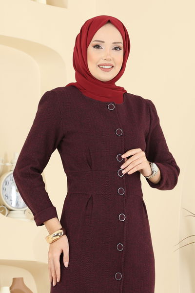 U.K.B. - Önü Düğmeli Balıksırtı Elbise 24008UKB139-MS Bordo - 418960
