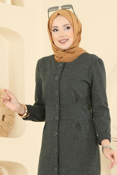 U.K.B. - Önü Düğmeli Balıksırtı Elbise 24008UKB139-MS Haki - 418964