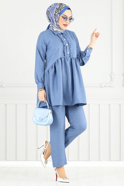 MRV T.G.E. - Önü Fırfırlı Keten Takım 6093TGE913-M Mavi - 353892