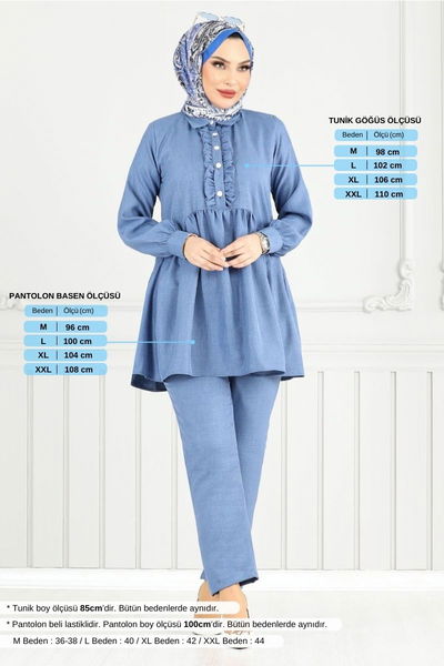 MRV T.G.E. - Önü Fırfırlı Keten Takım 6093TGE913-M Mavi - 355206