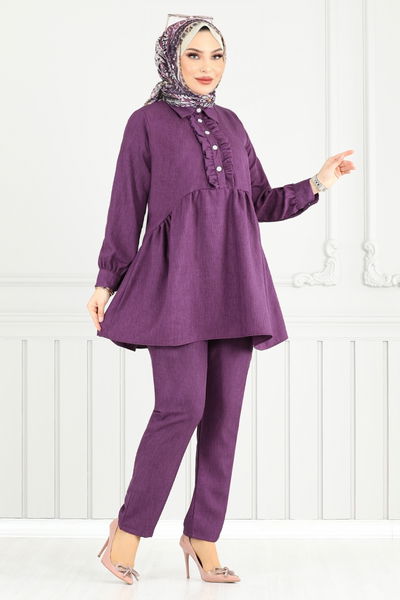 MRV T.G.E. - Önü Fırfırlı Keten Takım 6093TGE913-M Mor - 353876