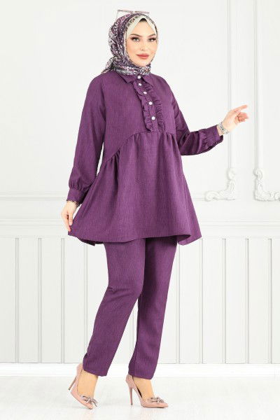 MRV T.G.E. - Önü Fırfırlı Keten Takım 6093TGE913-M Mor