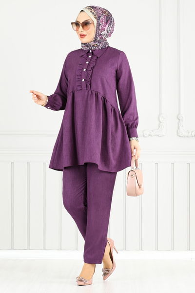 MRV T.G.E. - Önü Fırfırlı Keten Takım 6093TGE913-M Mor - 353877