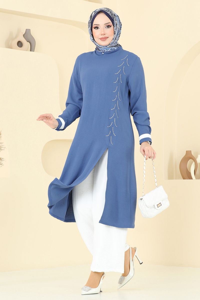 Önü Taş Detaylı Tesettür Takım PL9137-MS İndigo&Ekru