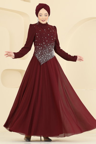 E.D.F. - Önü Taşlı Krep Abiye 5755EDF311-MS Bordo - 428526