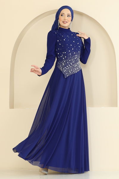 E.D.F. - Önü Taşlı Krep Abiye 5755EDF311-MS Saks - 428559