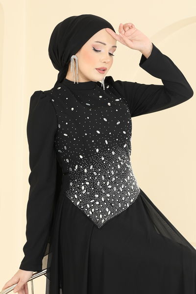 E.D.F. - Önü Taşlı Krep Abiye 5755EDF311-MS Siyah - 428578