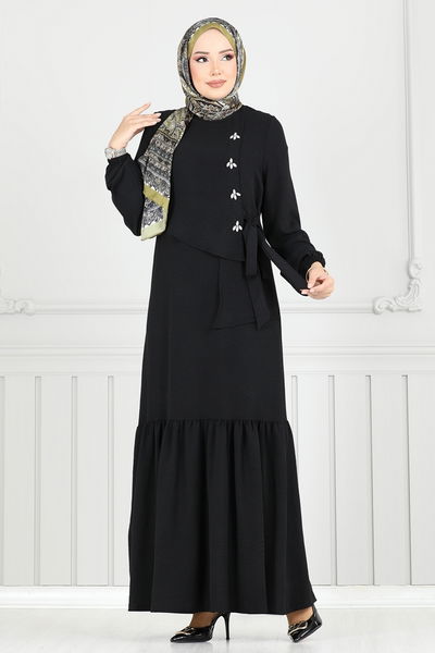 S.L. - Önü Taşlı Tesettür Elbise 2680SL432-MS Siyah - 369162