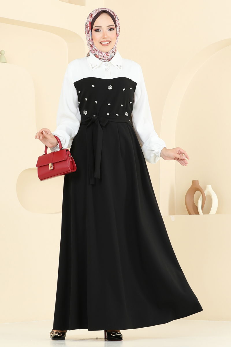 Önü Taşlı Tesettür Elbise 8035ABK1075-MS Siyah