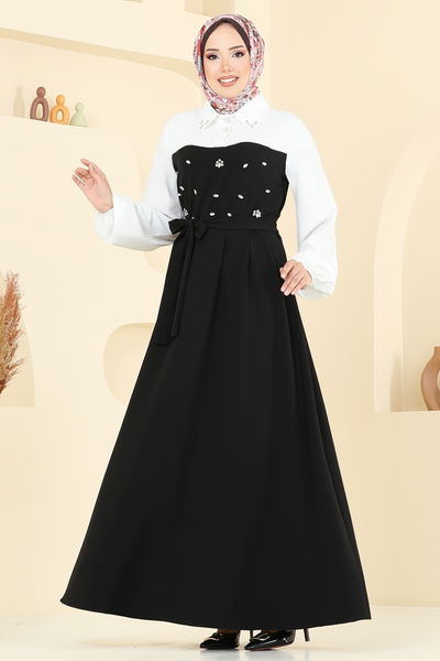 A.B.K. - Önü Taşlı Tesettür Elbise 8035ABK1075-MS Siyah - 387891