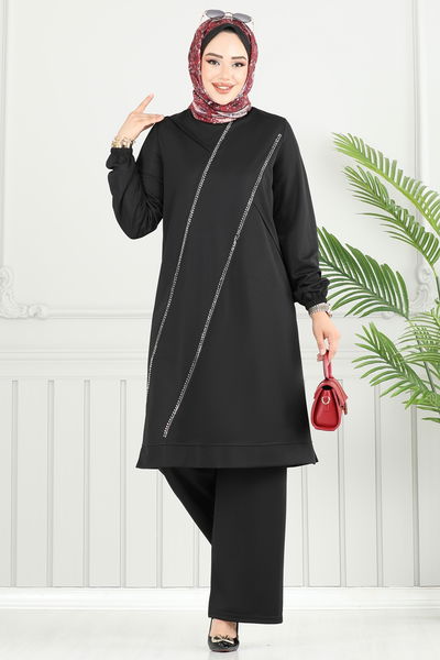 D.V.L. - Önü Taşlı Tesettür Takım 427DVL817-MS Siyah - 377460