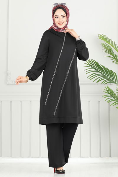 D.V.L. - Önü Taşlı Tesettür Takım 427DVL817-MS Siyah - 377461