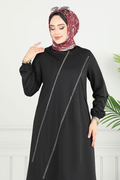 D.V.L. - Önü Taşlı Tesettür Takım 427DVL817-MS Siyah - 377462