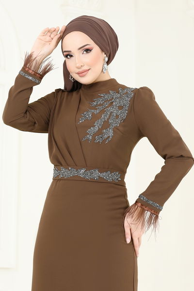 E.D.F. - Otriş Tüylü Abiye Elbise 5642EDF311-MS Kahve - 363610