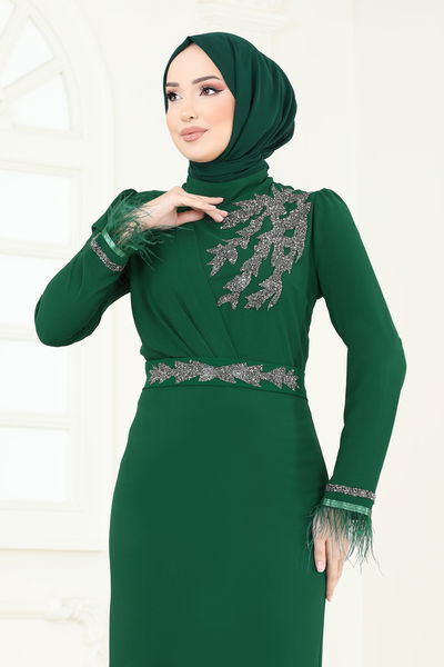 E.D.F. - Otriş Tüylü Abiye Elbise 5642EDF311-MS Zümrüt - 363650