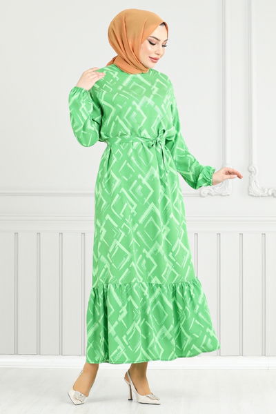 MRV O.Z.R. - Patterned Belted Viscose Dress 821OZR1047-M Green - 352108