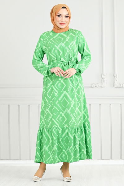 MRV O.Z.R. - Patterned Belted Viscose Dress 821OZR1047-M Green - 352111